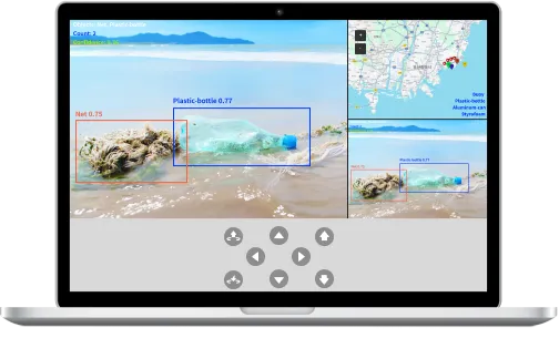 AI 드론 객체 탐지, 사용자 인터페이스, 드론 제어, 지도 시각화 기능을 요약한 아이콘 이미지
