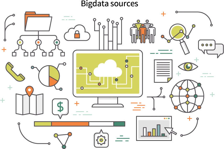 다양한 시스템과 서비스에서 수집되는 빅데이터 소스 개념 이미지